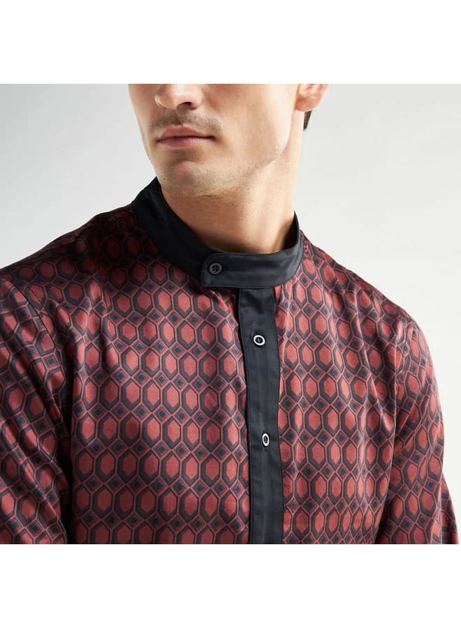 Splash FAV All-Over Geometric Print Shirt with Mandarin Collar and Long Sleeves