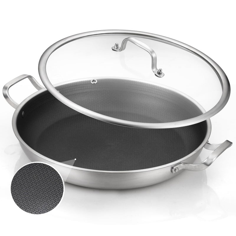 DELARLO Paella Pan 14 Inch TriPly Stainless Steel Paella Pan with Lid Nonstick Frying Pan Hybird Induction Large SkilletsGreat for Paella Parties Indoors OutdoorsHeavy Duty Style