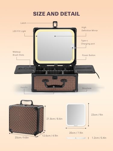 Qislee Makeup Box with A Detachable Lighted Mirror, Waterproof Travel Train Case, Cosmetic Organizer and Makeup Suitcase with Adjustable Dividers, Magnetic LED Mirror(Golden Brown) - Image 3