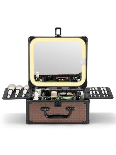Qislee Makeup Box with A Detachable Lighted Mirror, Waterproof Travel Train Case, Cosmetic Organizer and Makeup Suitcase with Adjustable Dividers, Magnetic LED Mirror(Golden Brown) - Image 1