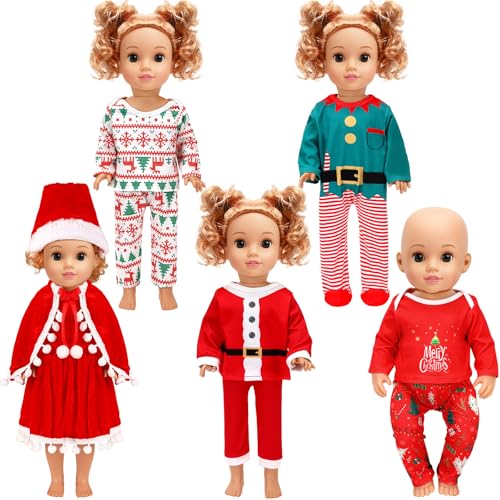 UPINS 5 Pcs 18 inch Christmas Doll Clothes 18 inch Christmas Clothing Costume Santa Outfits Christmas Pajamas Set for 18 inch Doll for Girls Birthday - Image 1
