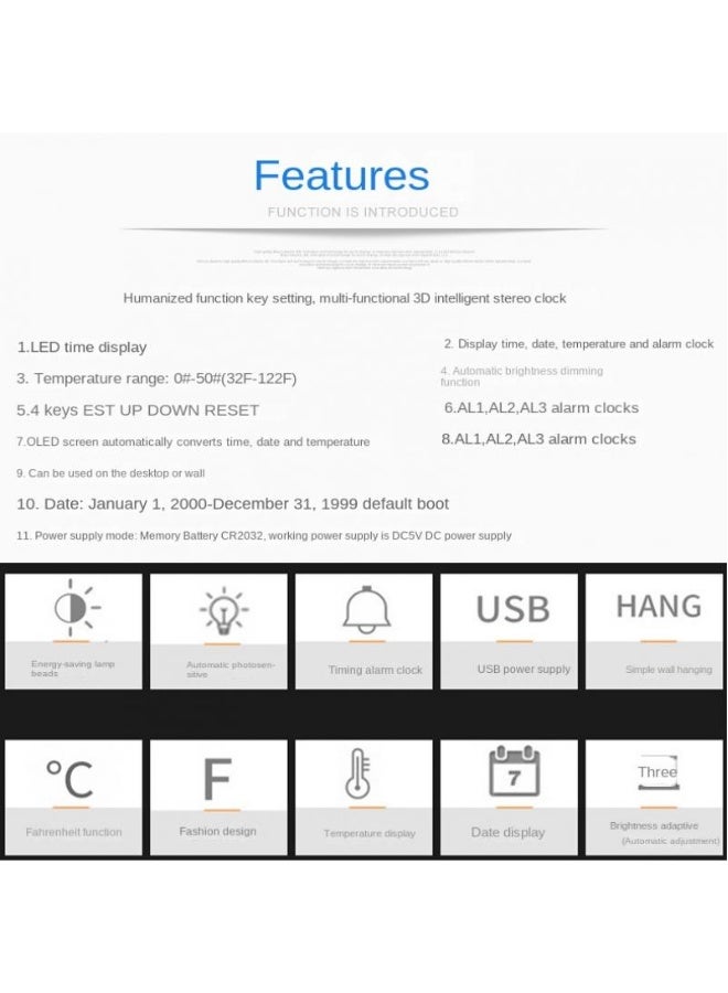 ساعة رقمية ذكية ثلاثية الأبعاد، ساعة منبه إلكترونية، ساعة حائط معلقة للغرفة، ساعة لعرض درجة الحرارة الداخلية - Image 2