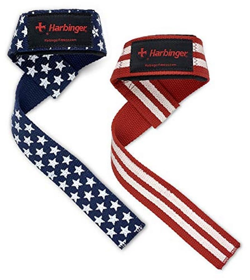 Harbinger 21.5" Padded Cotton Weight Lifting Straps with NeoTek Cushioned Wrist (Pair), Flag - Image 1