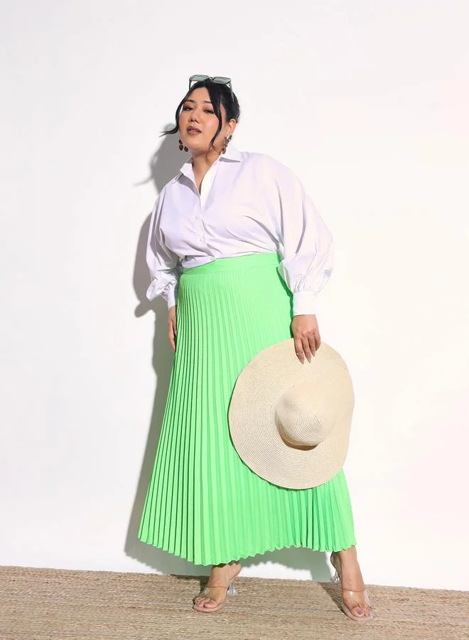 Sassafras Plus Size Neon Green Solid Accordion Pleated Maxi Skirt