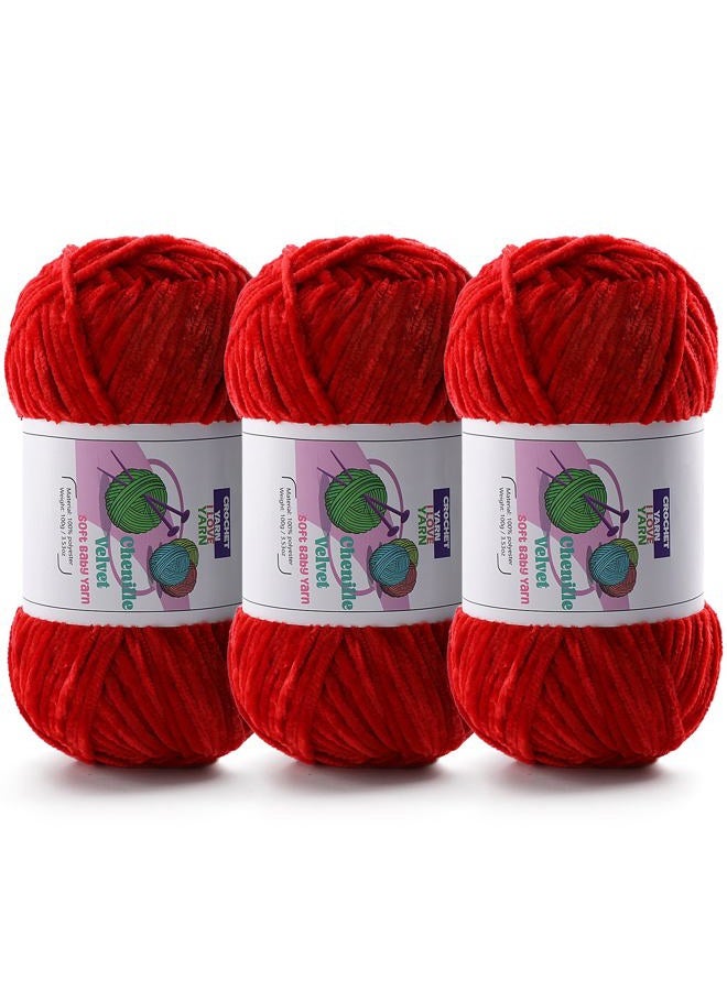DAERBOF 3 Skeins Soft Fluffy Velvet Yarn, Chenille Chunky Yarn for Hand Knitting and Crocheting DIY Craft, Amigurumi Crochet Yarn（3×196.8yds, 3×3.5oz） (Big Red) - Image 1