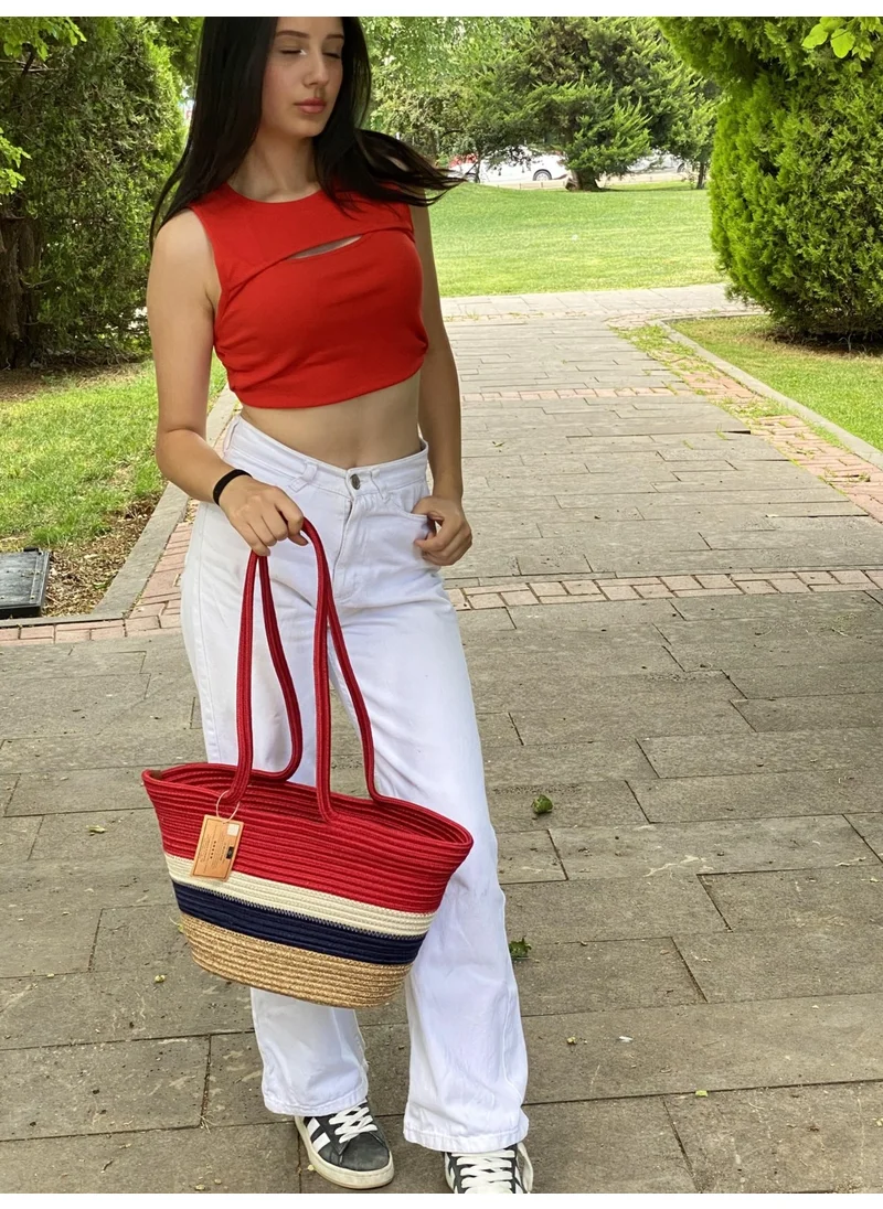 BDZ Deri BDZ Leather Jute Straw Look Handbag Beach Bag Shoulder Bag