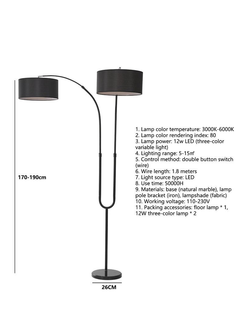 Glanfen - 3 Color Dimming Bulb, Freely Adjustable Double Lamp Floor Lamp Linen Lampshade, Hand Switch, Marble Base, with 12W Bulb - Image 1