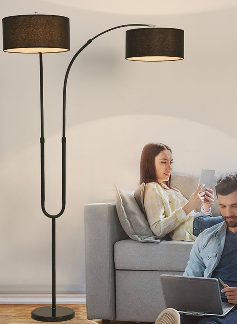 Glanfen - 3 Color Dimming Bulb, Freely Adjustable Double Lamp Floor Lamp Linen Lampshade, Hand Switch, Marble Base, with 12W Bulb - Image 1