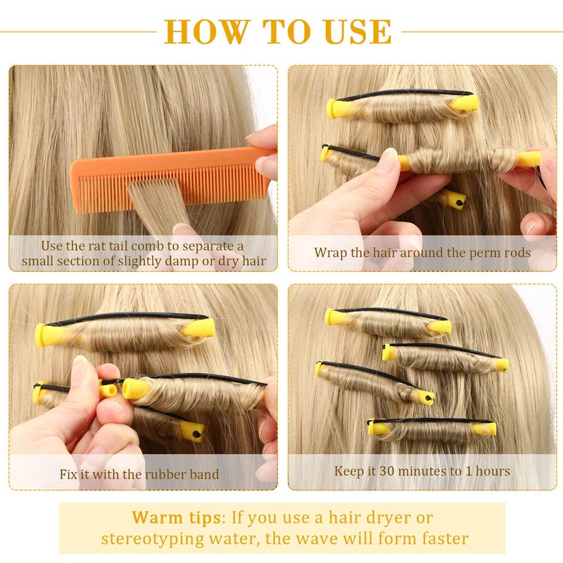 WILLBOND 48 Pieces Hair Perm Rods Short Cold Wave Rods Plastic Perming Irons Hair Curling Rollers Curlers with Steel Pintail Comb Rat Tail Comb for Hairdressing Styling Supplies(0.28 Inch,Yellow and Orange) - Image 3