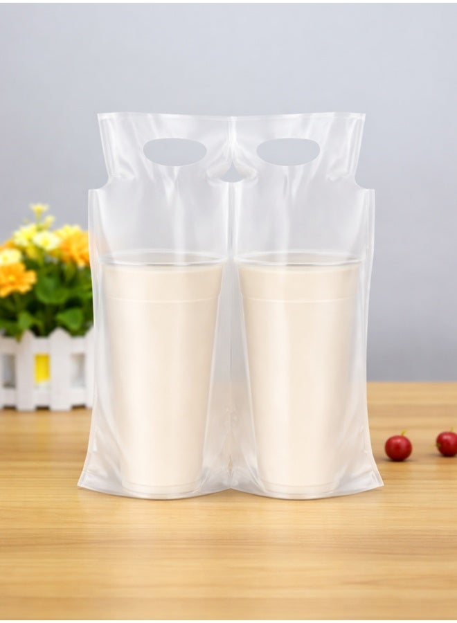 100-Pack Double-Cup Takeaway Bags – Durable Semi-Transparent Beverage Carriers with Dual Die-Cut Handles – Portable 2-Cup Tote for Boba Tea, Coffee & Smoothies - Image 3