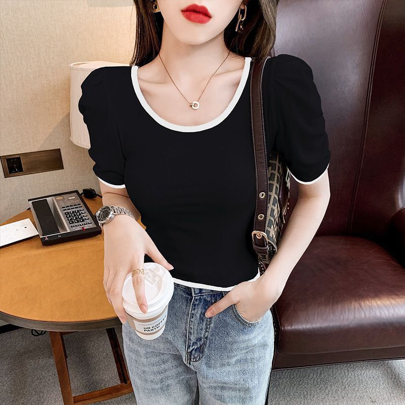 Contrast Color U-Collar Short-Sleeved T-Shirt Women'S 2024 Korean Style French Style Retro Puff Sleeve Slim-Fit Short Top Trendy - Image 1