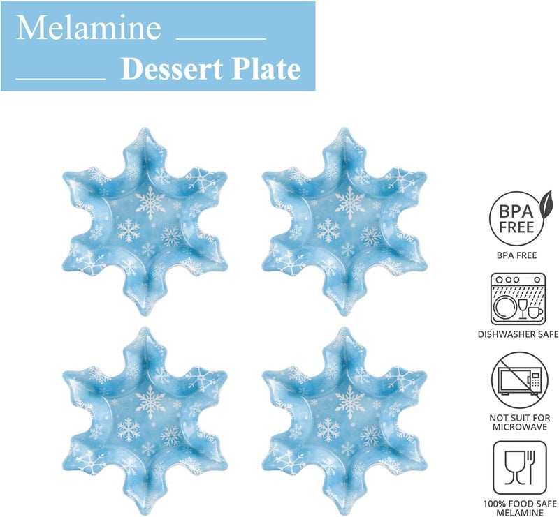 UP UPware Snowflake Shaped Melamine Dessert Plates Christmas Party Plates for Snacks Desserts and Side Dishes Blue 7 x 6 Inch Set of 4 - Image 2