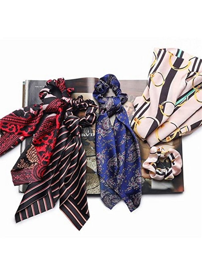 Shidara Silk Satin Hair Scrunchies Scarf Hair Ties with Flower Pattern Stripe Printed Hair Bobbles for Ponytail Holder | Multi | 8 Pieces - Image 3