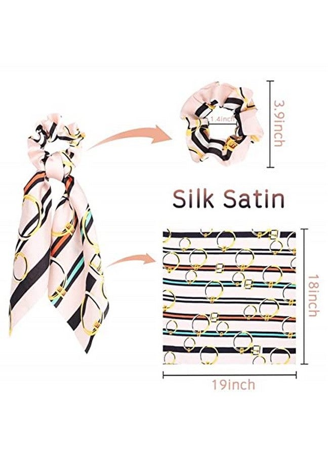 Shidara Silk Satin Hair Scrunchies Scarf Hair Ties with Flower Pattern Stripe Printed Hair Bobbles for Ponytail Holder | Multi | 8 Pieces - Image 2