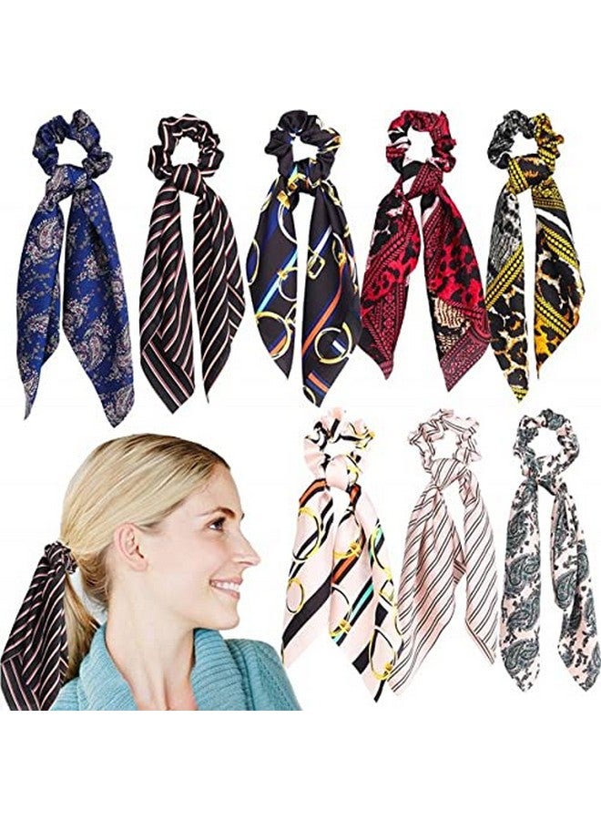 Shidara Silk Satin Hair Scrunchies Scarf Hair Ties with Flower Pattern Stripe Printed Hair Bobbles for Ponytail Holder | Multi | 8 Pieces - Image 1