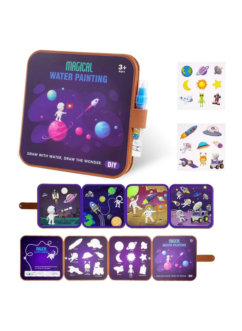 Magic Water Coloring Books for Kids - 2 in 1 Reusable Art Set with Pen  Stickers, Fun Animal  Space Themes for Boys  Girls Ages 2-5 - Image 1