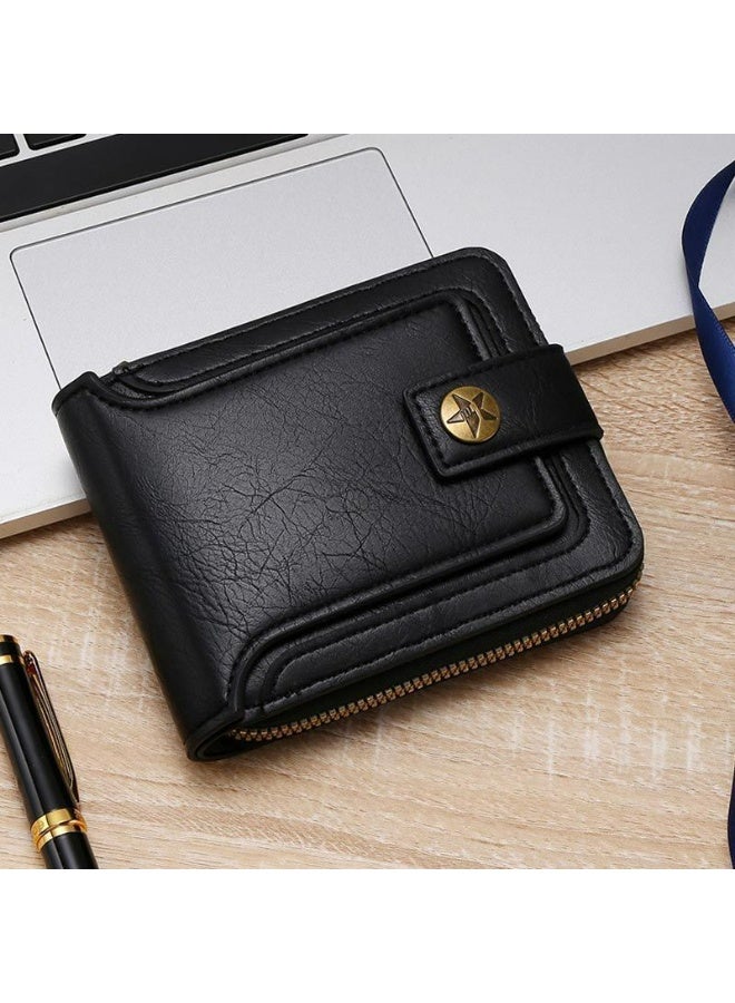 CarrKen Men's Short Wallet European and American Fashion Retro Multifunctional Wallet Zipper Buckle Card Holder Black - Image 1