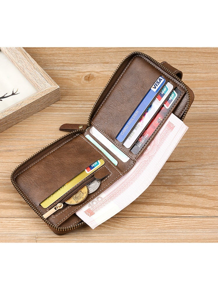 CarrKen Men's Short Wallet European and American Fashion Retro Multifunctional Wallet Zipper Buckle Card Holder Black - Image 3