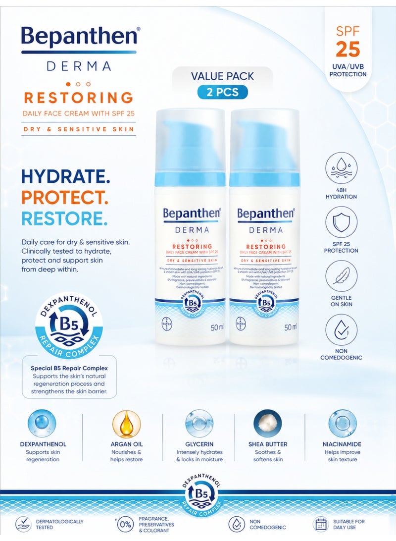 Bepanthen Derma Restoring Daily Moisturizer Face Cream with SPF 25, 50 ml, Moisturizer Face Care, for Sensitive and Dry Skin-Pack of 2Pcs. - Image 1