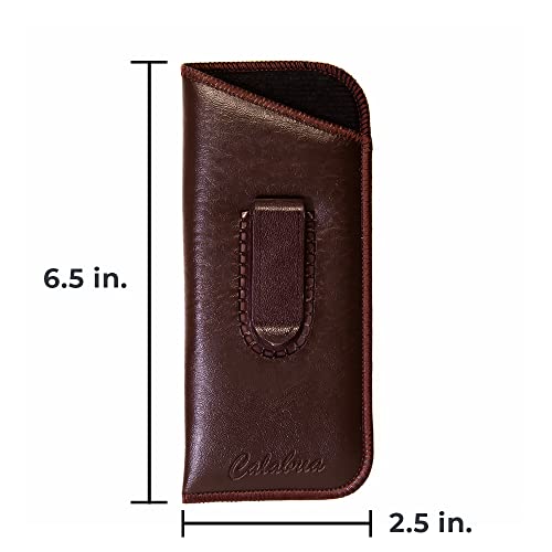 Calabria Slip-In Eye Glasses Case w/Plastic Pocket Clip Faux Leather Felt Brown Men Women Eyeglass Pouch Sunglasses Holder - Image 4