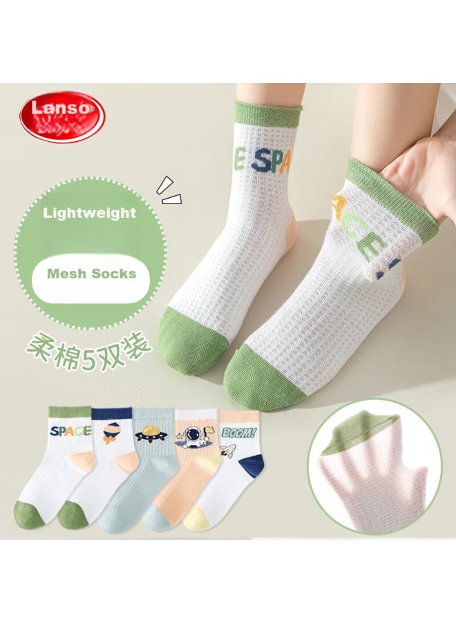 LANG SHA Langsha Children's Socks, Boys' Summer Thin Mesh Socks, Baby Mid-calf Short Socks, 5 Pairs, Astronaut Mesh Socks, XL - Image 1
