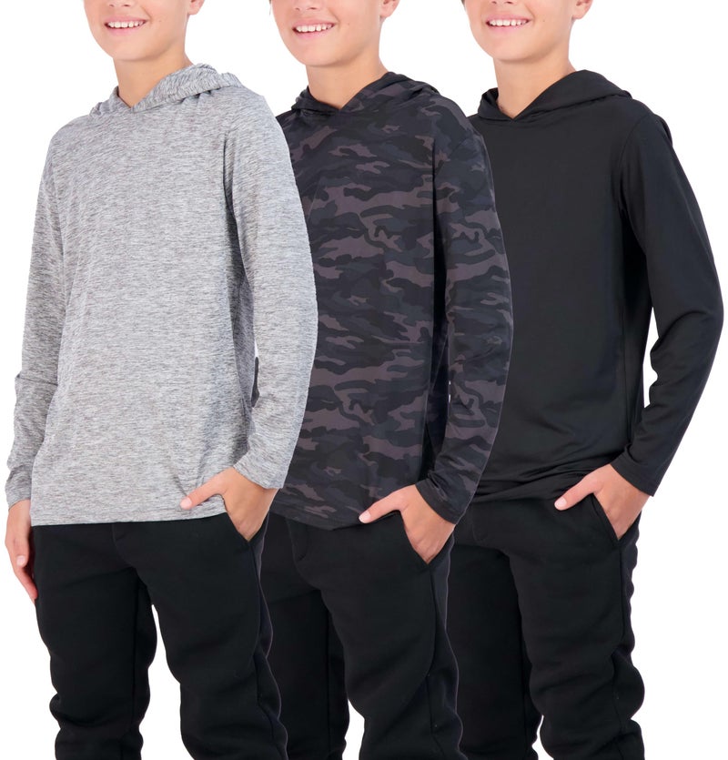 Real Essentials 3 Pack DryFit Youth Boys Teen Active Long Sleeve Hoodie Sweatshirts Hooded Pullover Shirts Set 5XL 1416