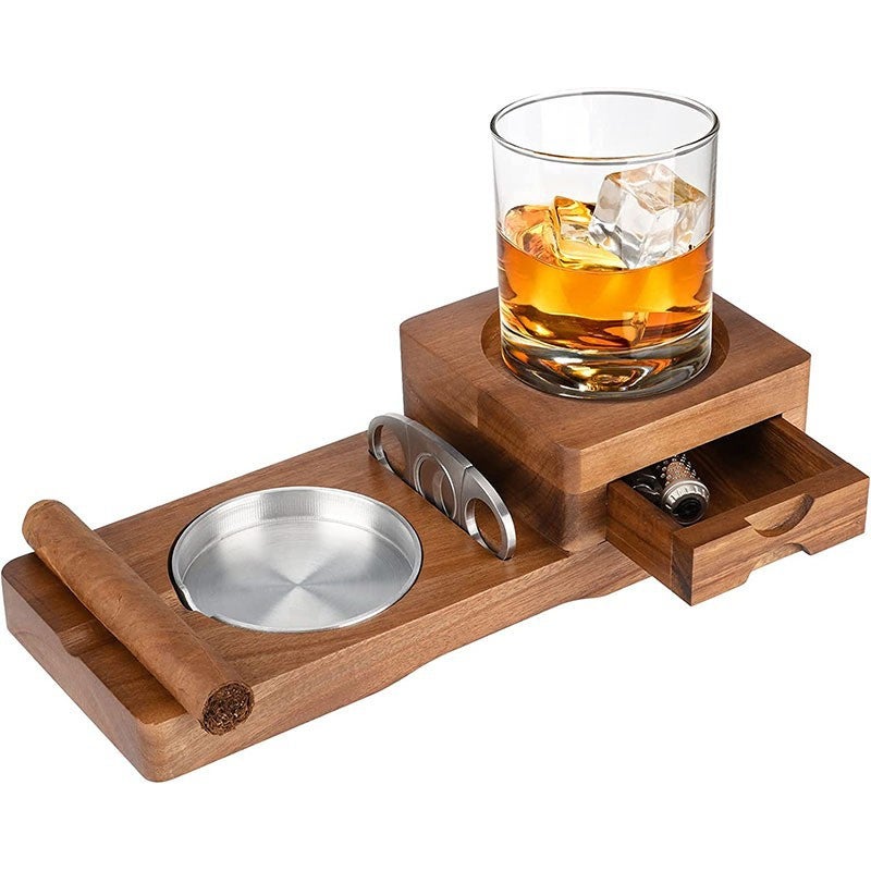 Cigar Ashtray Wooden Ashtray Whiskey Cup Holder With Steel Slot Drawer Ashtray - Image 1