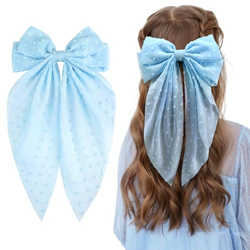 JOYOYO Blue Hair Bows 1Pcs Silky Satin Large Hair Bow Ribbon Hair Clips for Women and Girls Giant Elsa Long Bow Hair Accessories - Image 1