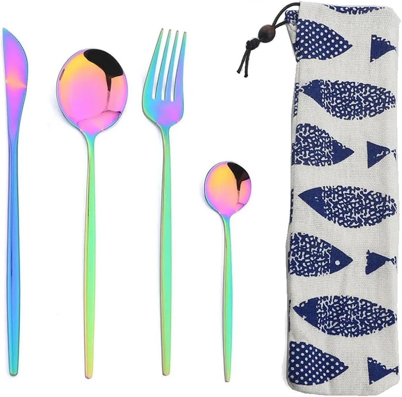 Portable 4Pcs Stainless Steel Tableware Cutlery Dinnerware Set With Bag Western Knife Fork TeaSpoon Kitchen Dinner Flatware(Rainbow) - Image 1