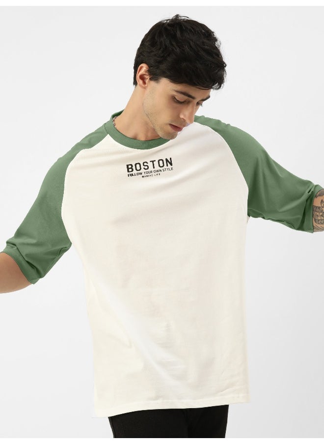 Maniac Mens Printed Round Neck raglan 3/4th Sleeve White and Hunter Green Cotton Oversized Tshirt  - Image 2