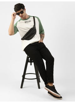 Maniac Mens Printed Round Neck raglan 3/4th Sleeve White and Hunter Green Cotton Oversized Tshirt  - Image 5