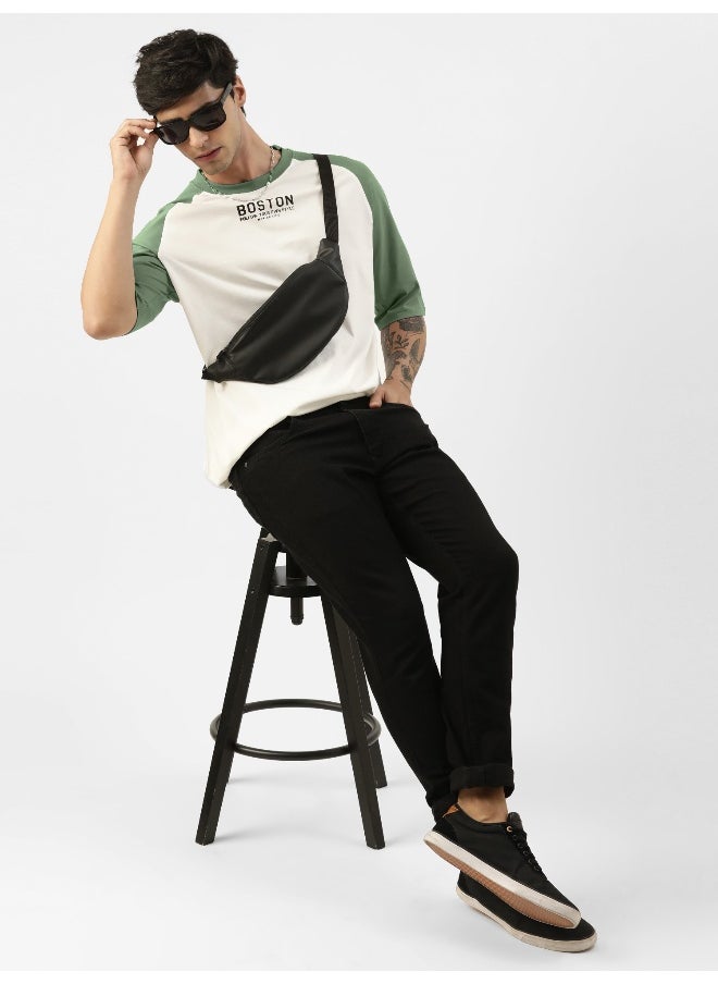Maniac Mens Printed Round Neck raglan 3/4th Sleeve White and Hunter Green Cotton Oversized Tshirt  - Image 5