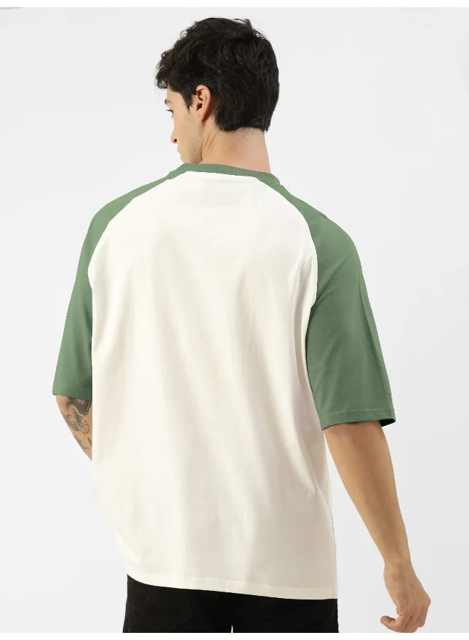 Maniac Mens Printed Round Neck raglan 3/4th Sleeve White and Hunter Green Cotton Oversized Tshirt