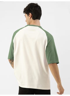 Maniac Mens Printed Round Neck raglan 3/4th Sleeve White and Hunter Green Cotton Oversized Tshirt  - Image 3
