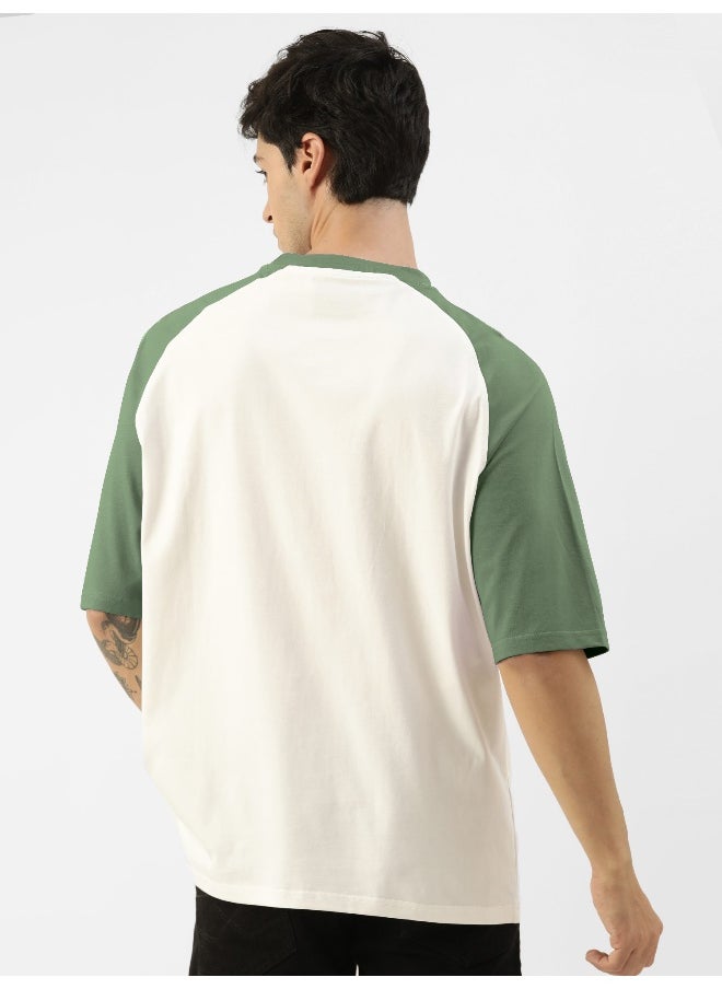 Maniac Mens Printed Round Neck raglan 3/4th Sleeve White and Hunter Green Cotton Oversized Tshirt  - Image 3