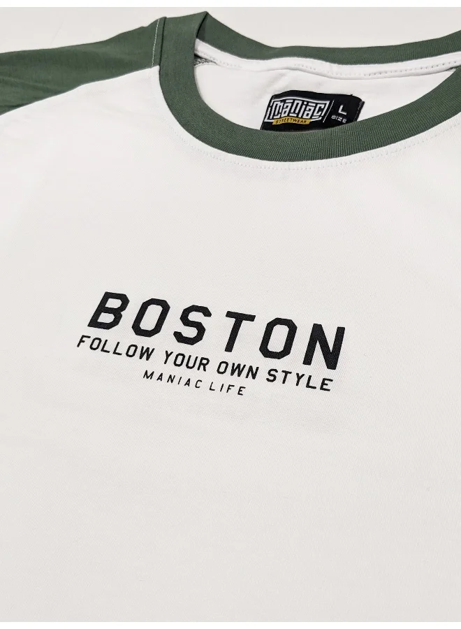 Maniac Mens Printed Round Neck raglan 3/4th Sleeve White and Hunter Green Cotton Oversized Tshirt