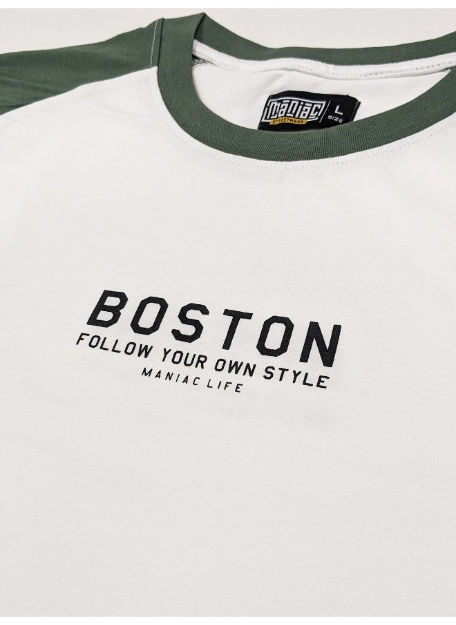 Maniac - Mens Printed Round Neck raglan 3/4th Sleeve White and Hunter Green Cotton Oversized Tshirt - Image 1