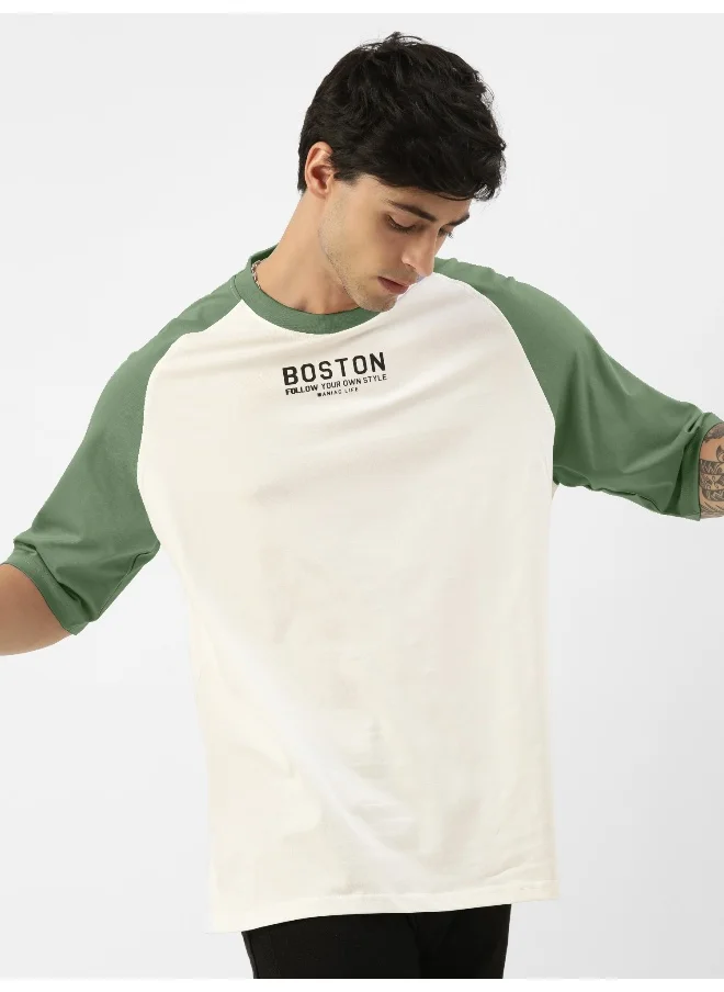 مانياك Mens Printed Round Neck raglan 3/4th Sleeve White and Hunter Green Cotton Oversized Tshirt