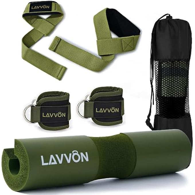 LAVVON Squat Pad Set - Foam Barbell Pad For Squats Cushion, Lunges & Bar Padding For Hip Thrusts - Standard Olympic Weight Bar Pad - With Ankle Straps, Wrist Straps For Weightlifting - Image 1