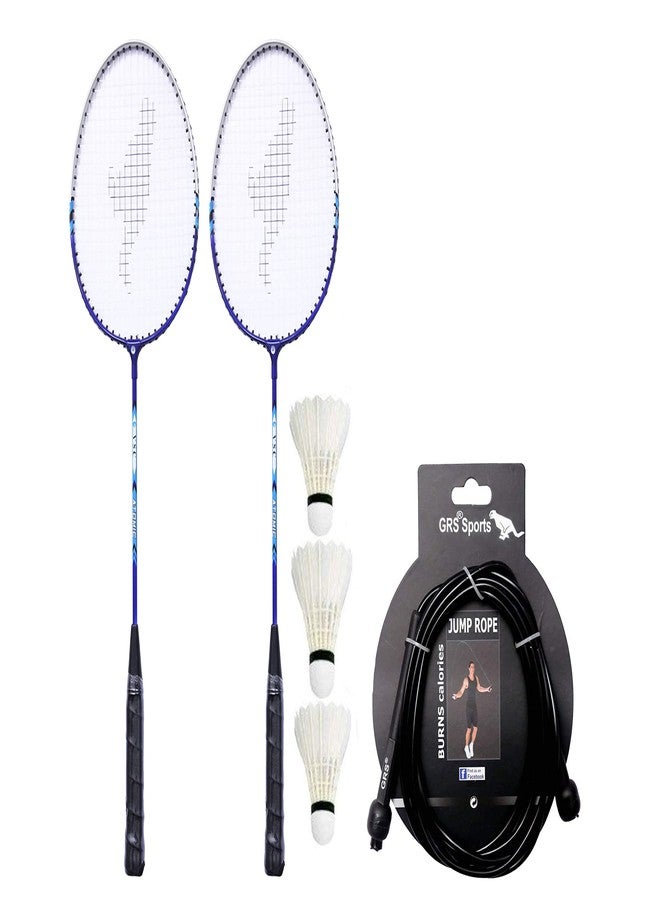 مضرب تنس الريشة GRS® GRQ13 المصنوع من الألومنيوم، طقم من قطعتين و3 قطع من كرات الريشة، حبل القفز (متعدد الألوان) - Image 2