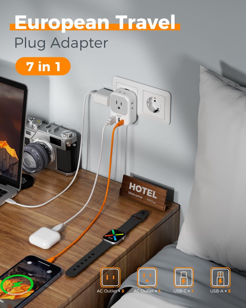 TESSAN European Travel Plug Adapter USB C, TESSAN International Plug Adapter with 4 AC Outlets 3 USB Charging Ports, Type C Europe Power Adaptor for US to EU France Germany Iceland Spain Italy - Image 4