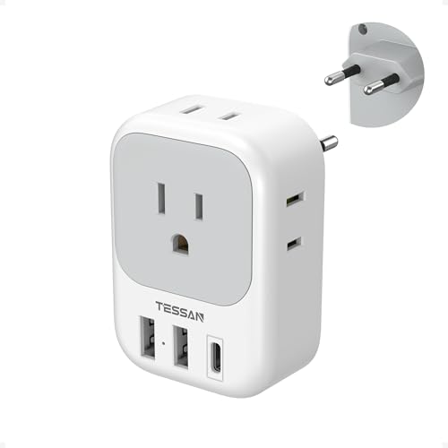 TESSAN European Travel Plug Adapter USB C, TESSAN International Plug Adapter with 4 AC Outlets 3 USB Charging Ports, Type C Europe Power Adaptor for US to EU France Germany Iceland Spain Italy - Image 1
