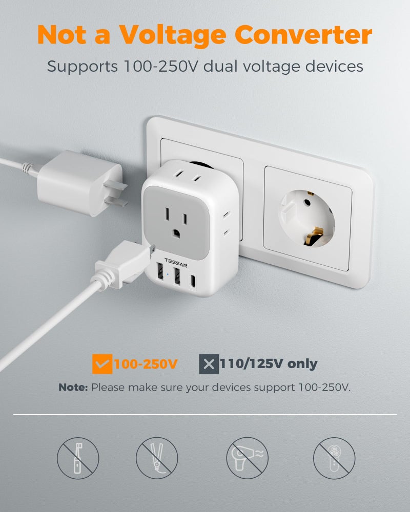 TESSAN European Travel Plug Adapter USB C, TESSAN International Plug Adapter with 4 AC Outlets 3 USB Charging Ports, Type C Europe Power Adaptor for US to EU France Germany Iceland Spain Italy - Image 5