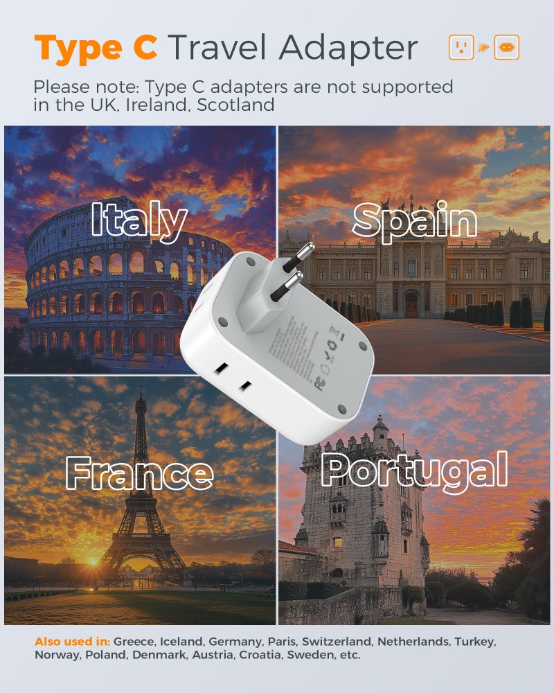 TESSAN European Travel Plug Adapter USB C, TESSAN International Plug Adapter with 4 AC Outlets 3 USB Charging Ports, Type C Europe Power Adaptor for US to EU France Germany Iceland Spain Italy - Image 2