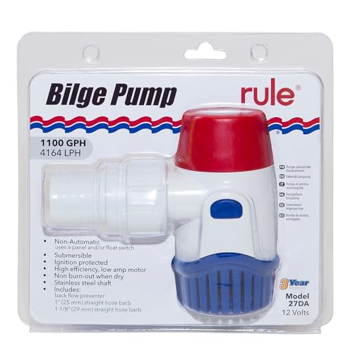 Rule Standard Bilge Pump 27DA - Not Automatic, Submersible, Marine Bilge Pump for Boats with Thermal Cut-Off, Check Valve, Low Amperage, 3/4" Threaded Ports, Ideal Boat Accessories - 1100 GPH, 12V - Image 1
