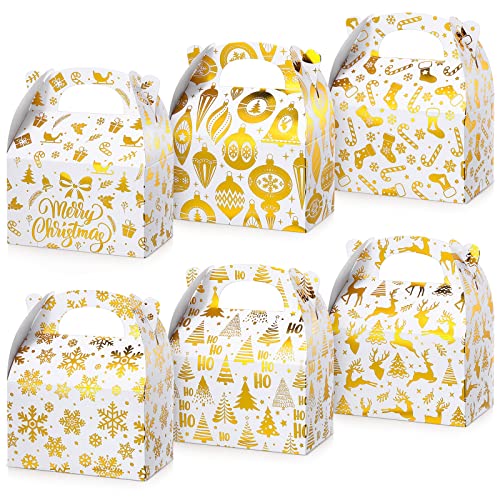 TaoBary 24 Pcs Christmas Goody Candy Boxes Cardboard with Handles 3D Christmas Favor Boxes with Vibrant Print for Party Gifts Candy Chocolate Treats and Cookies Favors Bronzing Style - Image 1