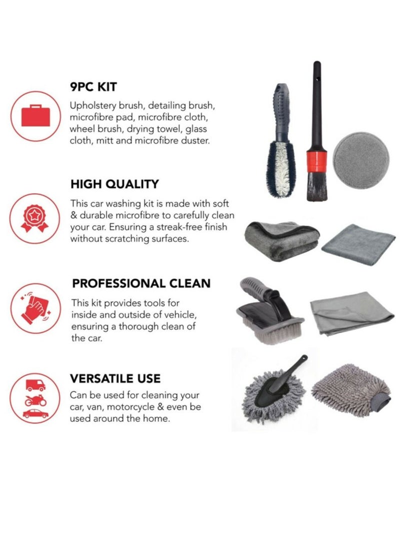 9Pcs Car Wash Cleaning Kit, Wheel Brush for Car Alloy Wheel Tyre Brush Cleaning, Automotive Detail Brushes Rim Cleaner ,Car Detailing Brush Kit for Car Interior & Exterior,Wheels Engine Cleaning (9)