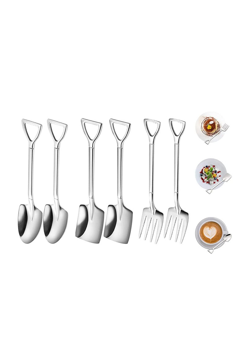SYOSI 6 Pcs Stainless Steel Coffee Latte Spoon, Shovel Spoon and Fork Set Ice Cream Spoon Dessert Tea Sugar Fruit Fork for Party, Long Handle Coffee Creative Fruit Fork for Party and Kitchen 6 Inch - Image 1