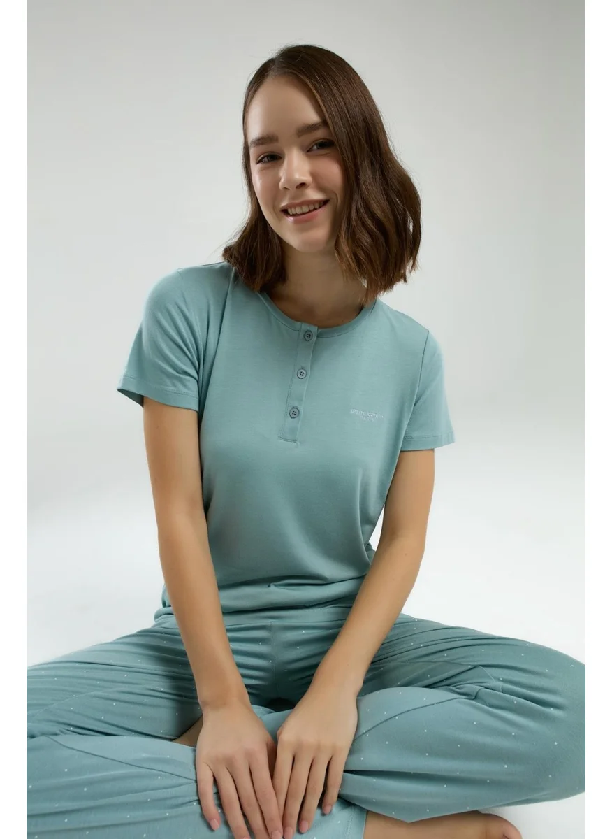 بيير كاردان Light Green Buttoned Collar Short Sleeve Pajama Set, Pocket Detail, Viscose Fabric