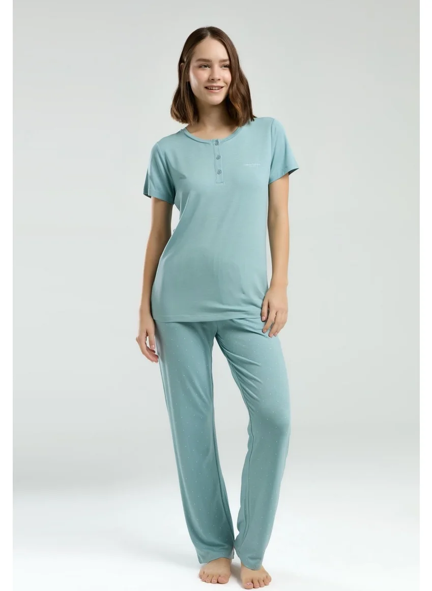 بيير كاردان Light Green Buttoned Collar Short Sleeve Pajama Set, Pocket Detail, Viscose Fabric